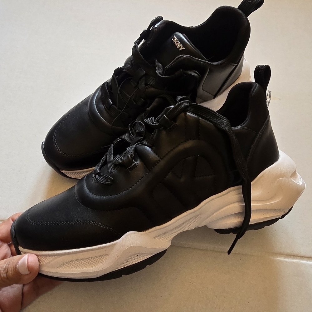 DKNY Chunky Faux Black Leather Sneakers Size 7.5
